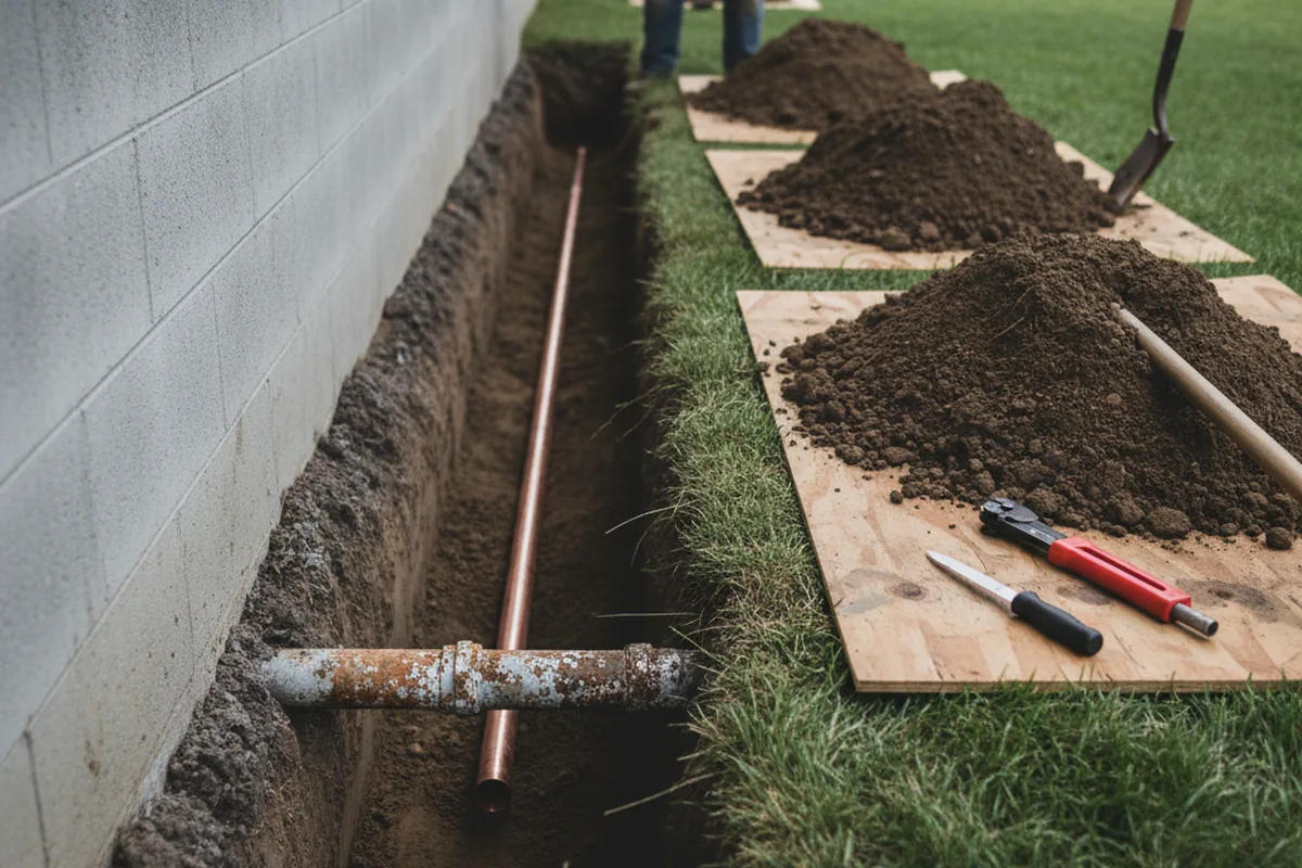 Excavated water line trench during Water Softener Installation in Genesee